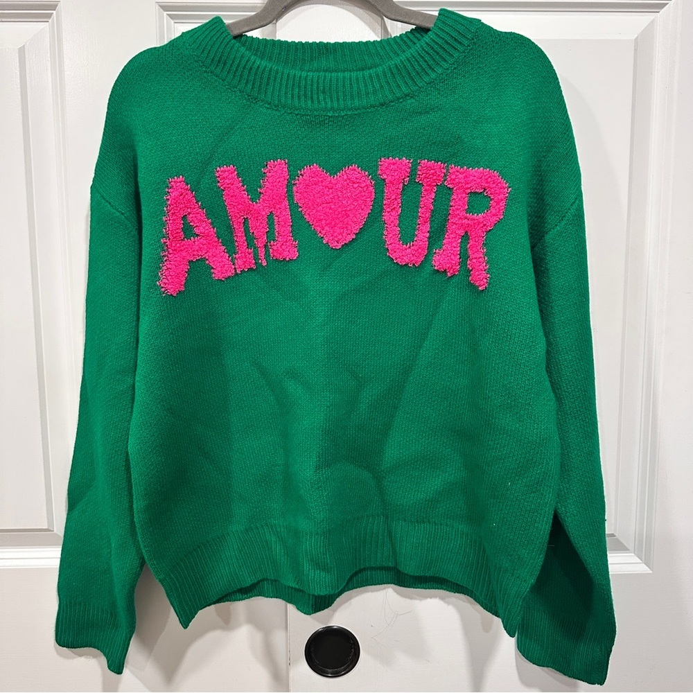Eesome Green Sweater with Pink 'AMOUR' Motif